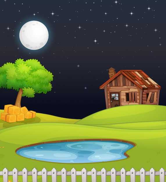 Farm scene with barn and swamp at night