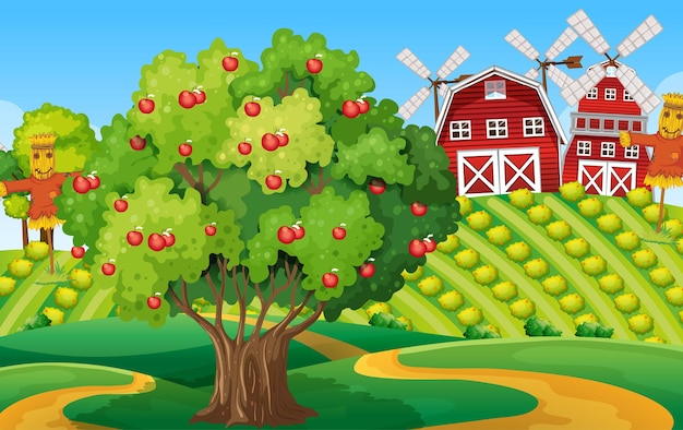 큰 사과 나무와 풍차가 있는 농장 장면