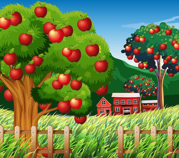Farm scene with big apple tree
