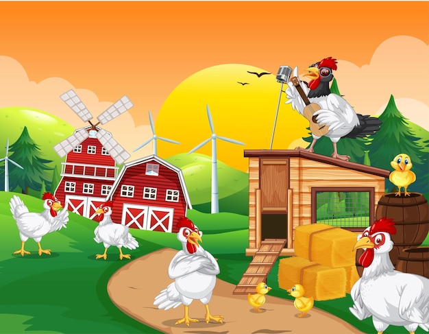 만화 닭과 병아리가 있는 농장 장면