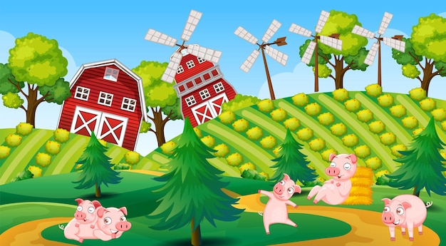 Free vector farm scene with cute pigs