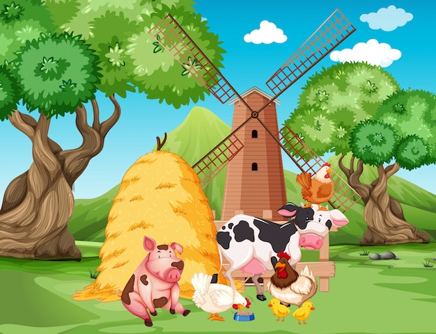 農場の動物と農場の風車の農場のシーン