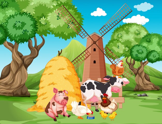 Farm scene with farm animals and windmill on the farm