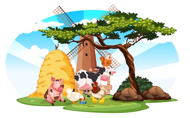 Ферма сцена с фермы животных и ветряная мельница на ферме
