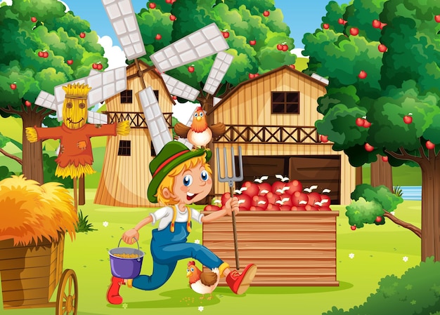 Farm scene with farmer boy cartoon character