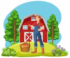 Free vector farm scene with farmer woman character