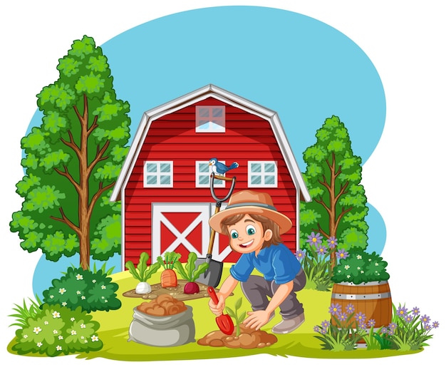 Free vector farm scene with girl planting vegetable