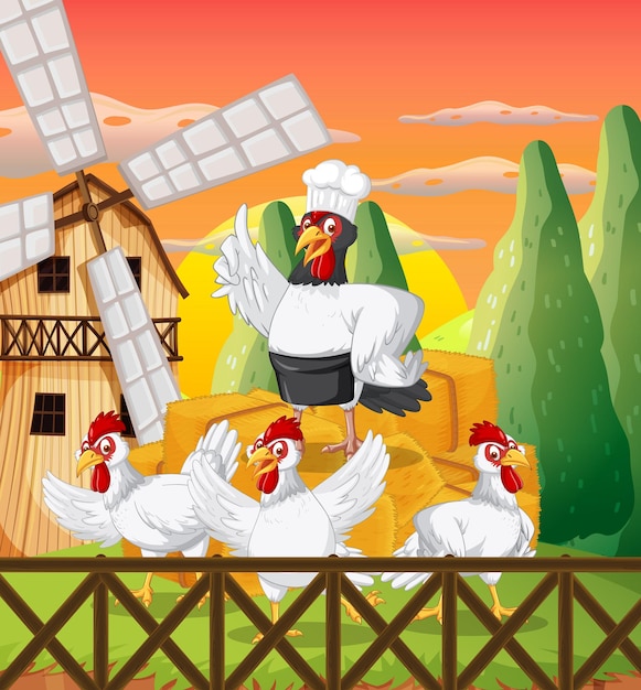 Free vector farm scene with a group of chickens cartoon character