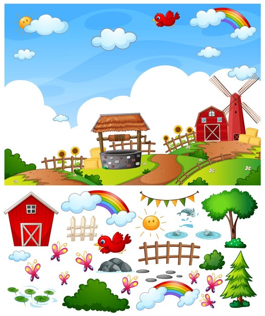 Farm scene with isolated cartoon character and objects