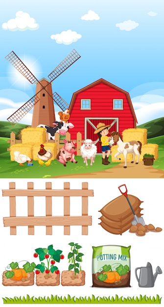 Farm scene with many animals and other items on the farm