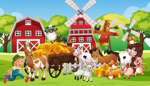 Farm scene with many farm animals