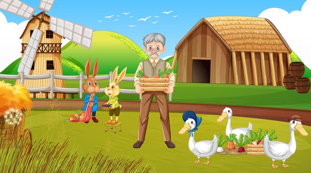 Farm scene with old farmer man and farm animals