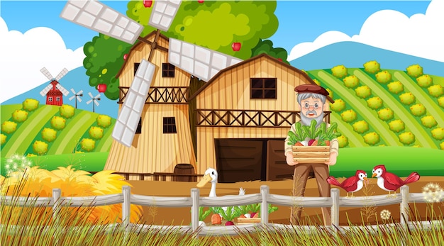 Farm scene with old farmer man and farm animals