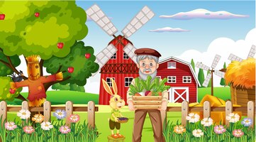 Farm scene with old farmer man and farm animals