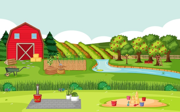 Free vector farm scene with red barn in field landscape