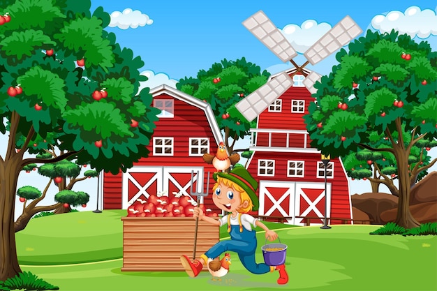 Farm scene with red barn and windmill illustration