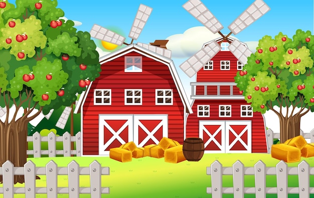 Farm scene with red barn and windmill
