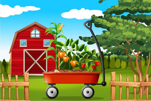 Scena dell'azienda agricola con le verdure sul vagone