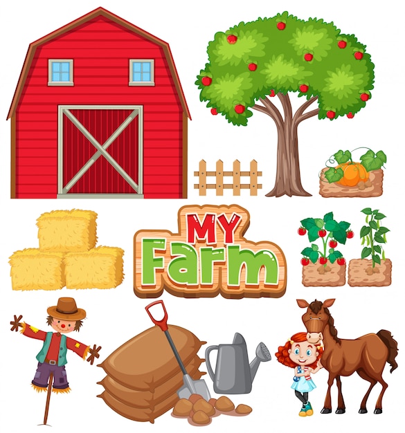 Free vector farm set with barn and vegetables on white background