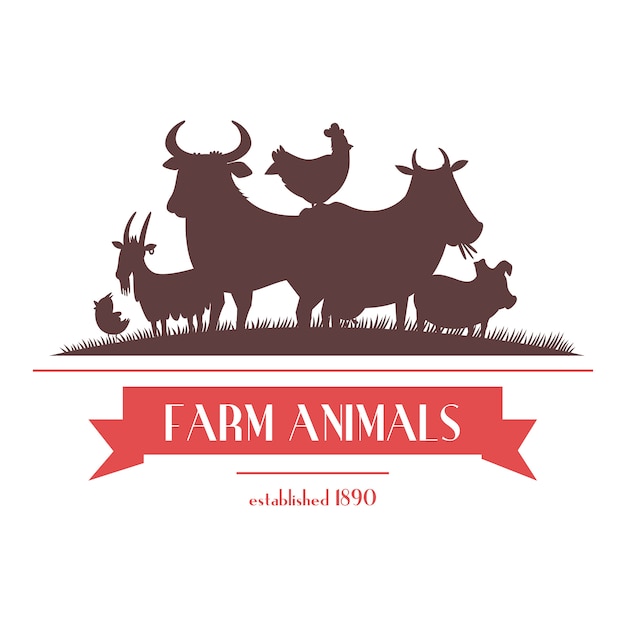 Free Vector farm shop signboard or label two-color design with livestock animals and chickens silhouettes abstract vector illustration 