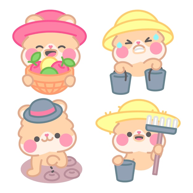 Free vector farm stickers collection with kimchi the hamster