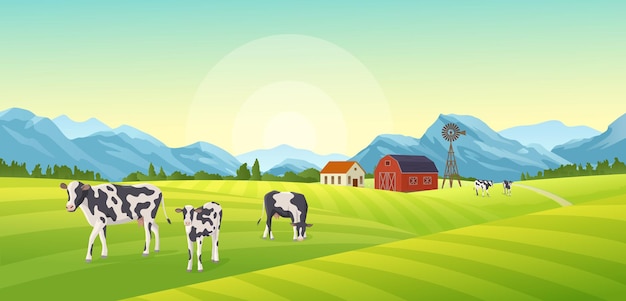 Иллюстрация летний пейзаж фермы
