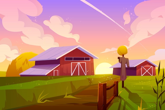 Free vector farm on summer nature rural background with barn