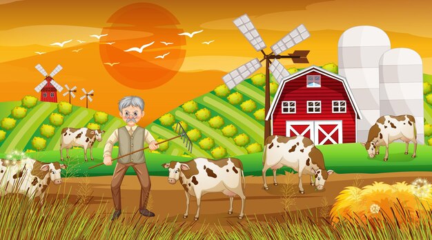 Farm at sunset time scene with old farmer man and farm animals