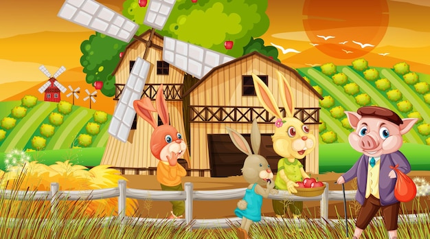 Free vector farm at sunset time scene with rabbit family and a pig cartoon character