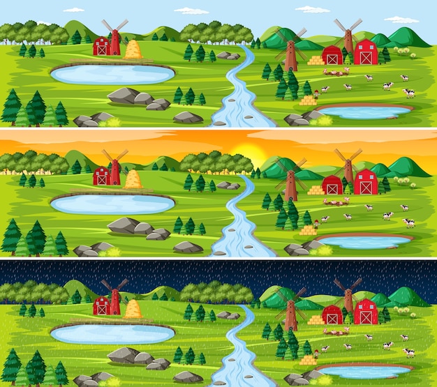Бесплатное векторное изображение Ферма с сараем и ветряной мельницей на природе в разное время дня