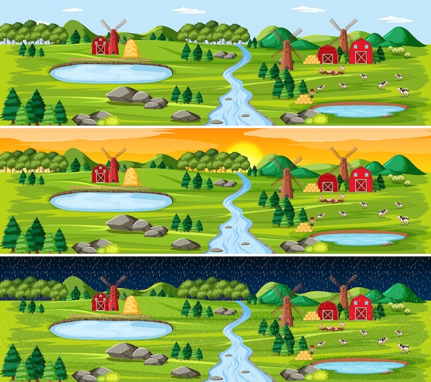 Free vector farm with barn and windmill in nature landscape at different times of day