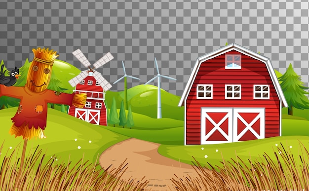 Farm with red barn and windmill isolated