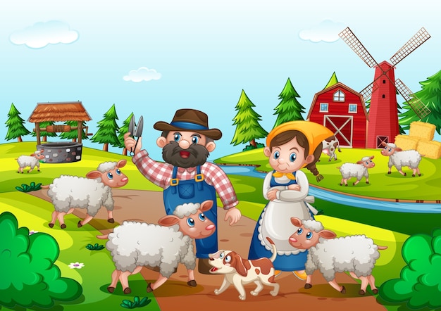 Free vector farm with red barn and windmill scene
