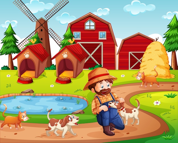 Farm with red barn and windmill scene