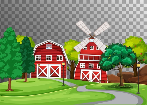 Ферма с красным сараем и ветряной мельницей на прозрачном фоне
