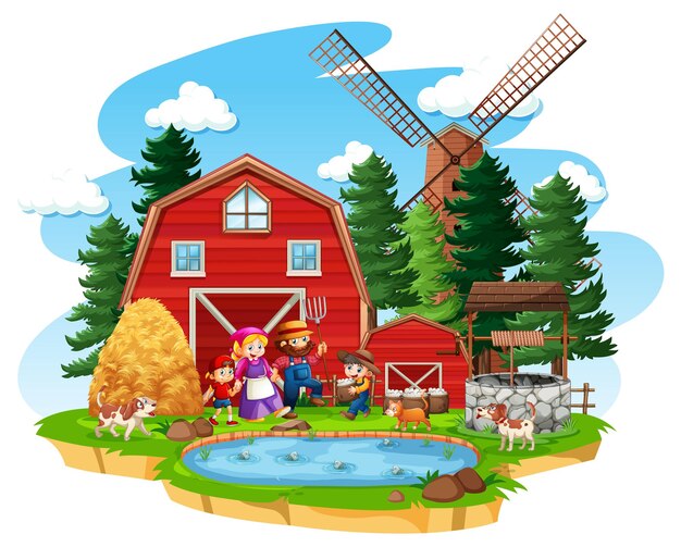 Farm with red barn and windmill on white background