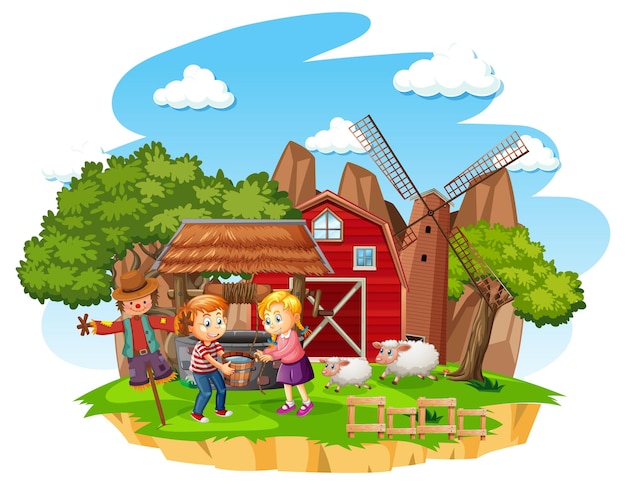 Free vector farm with red barn and windmill on white background