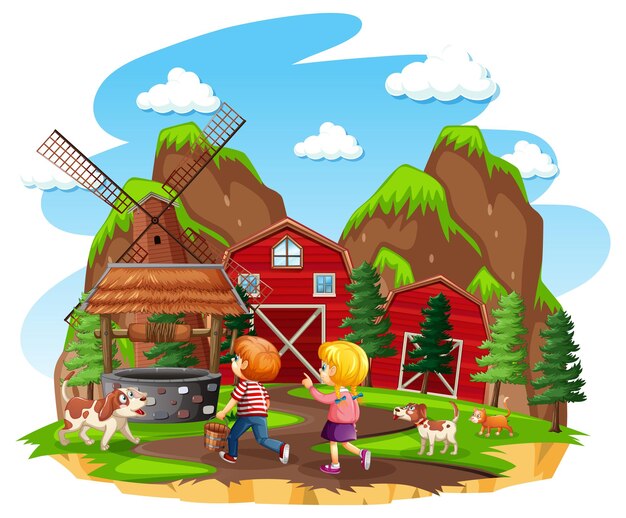 Farm with red barn and windmill on white background