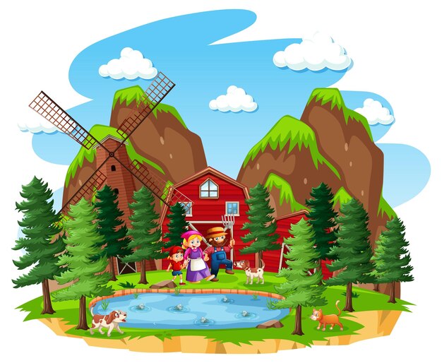 赤い納屋と風車のある農場