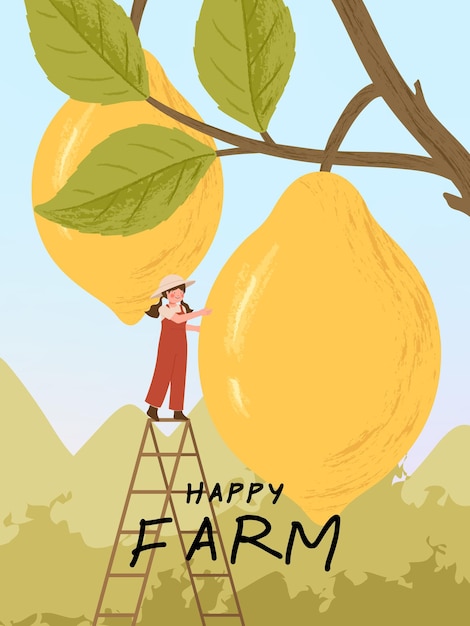 Farmer cartoon characters with lemon citrus harvest in farm poster illustrations