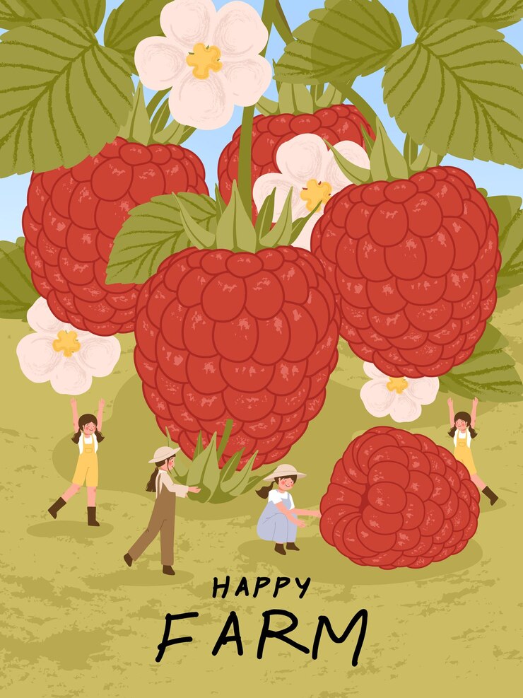 Free Vector farmer cartoon characters with raspberry fruits harvest in farm poster illustrations