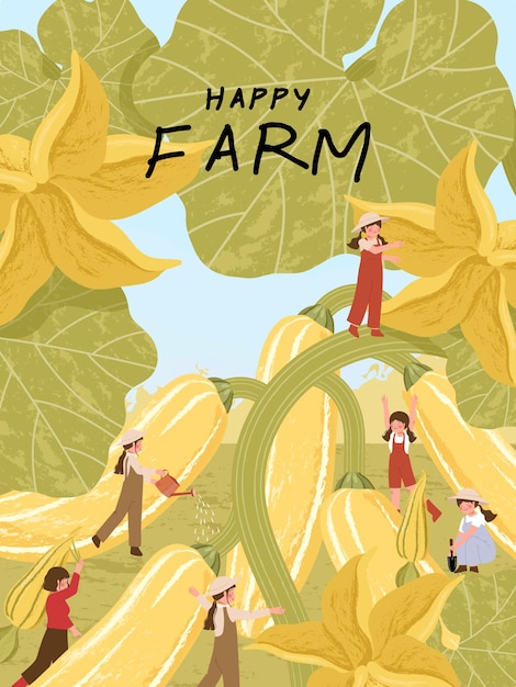 Free vector farmer cartoon characters with zucchini harvest in farm poster illustrations