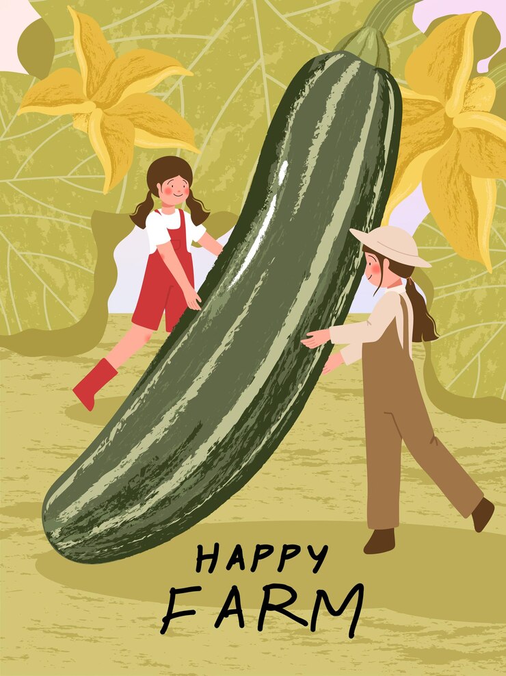 Free Vector farmer cartoon characters with zucchini harvest in farm poster illustrations
