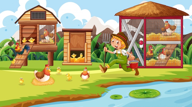 Farmer and chicken coupe scene