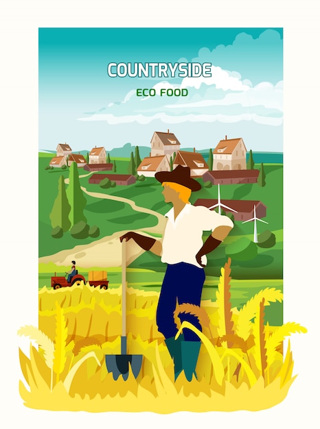 Free vector farmer in the countryside background poster