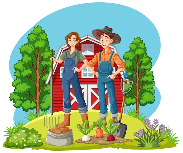 Free vector farmer couple in farm scene