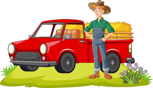 Free vector farmer man with red truck