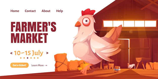 Free vector farmer market cartoon landing page with chicken in barn or farm house.