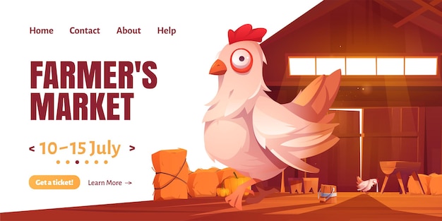 무료 벡터 헛간 또는 농장 집에서 닭고기와 농부 시장 만화 방문 페이지.