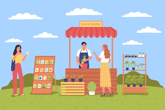 Fondo colorato piatto del mercato agricolo con il venditore maschio che mostra l'illustrazione di vettore dei semi e delle semine degli acquirenti
